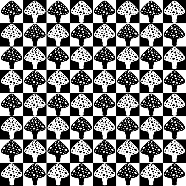 Infinite Hue: "Magic Mushrooms" pattern available in hundreds of different colors. The Black & White image of the design.